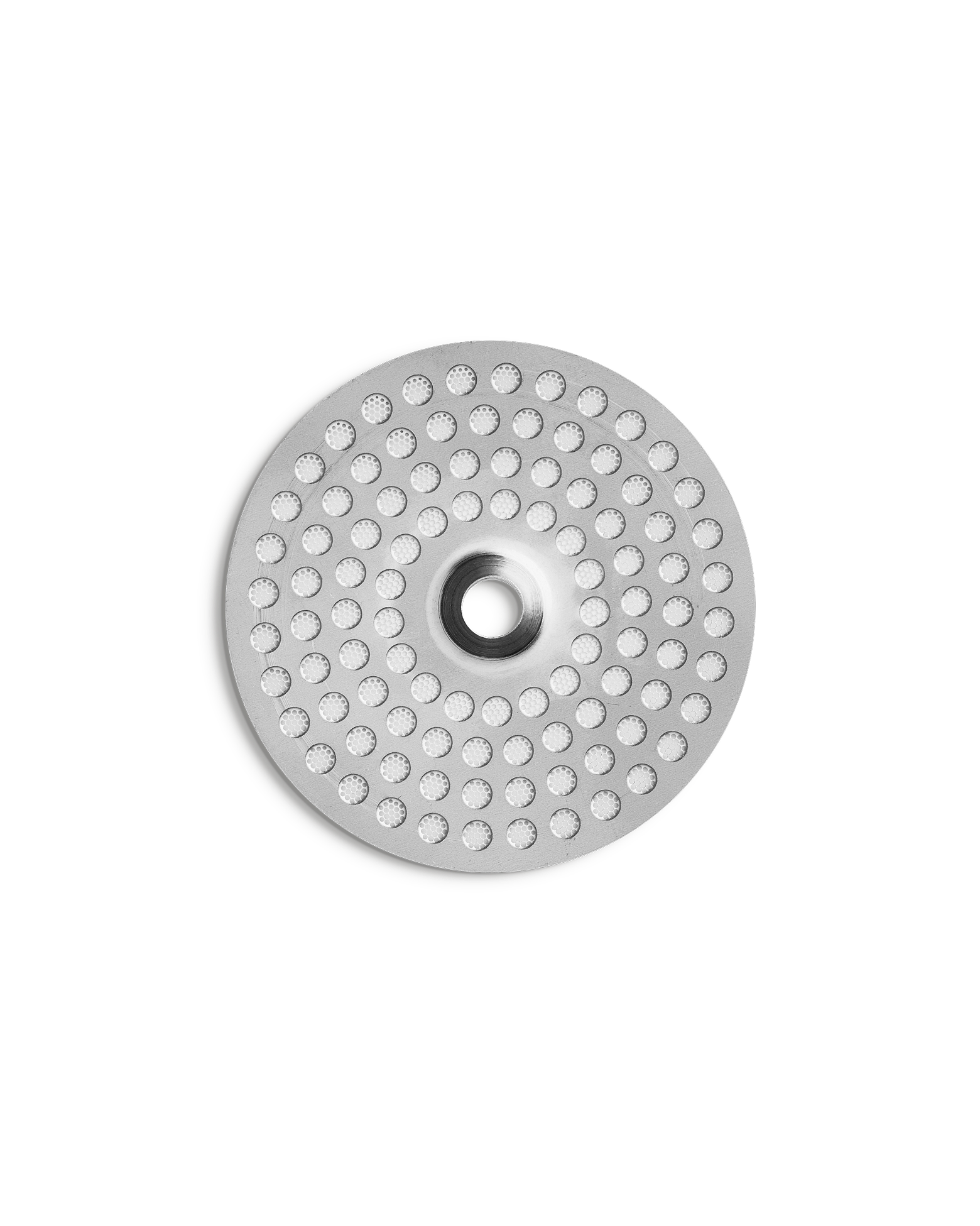 Fellow Espresso Series 1 round metal shower screen with evenly spaced holes, top view.