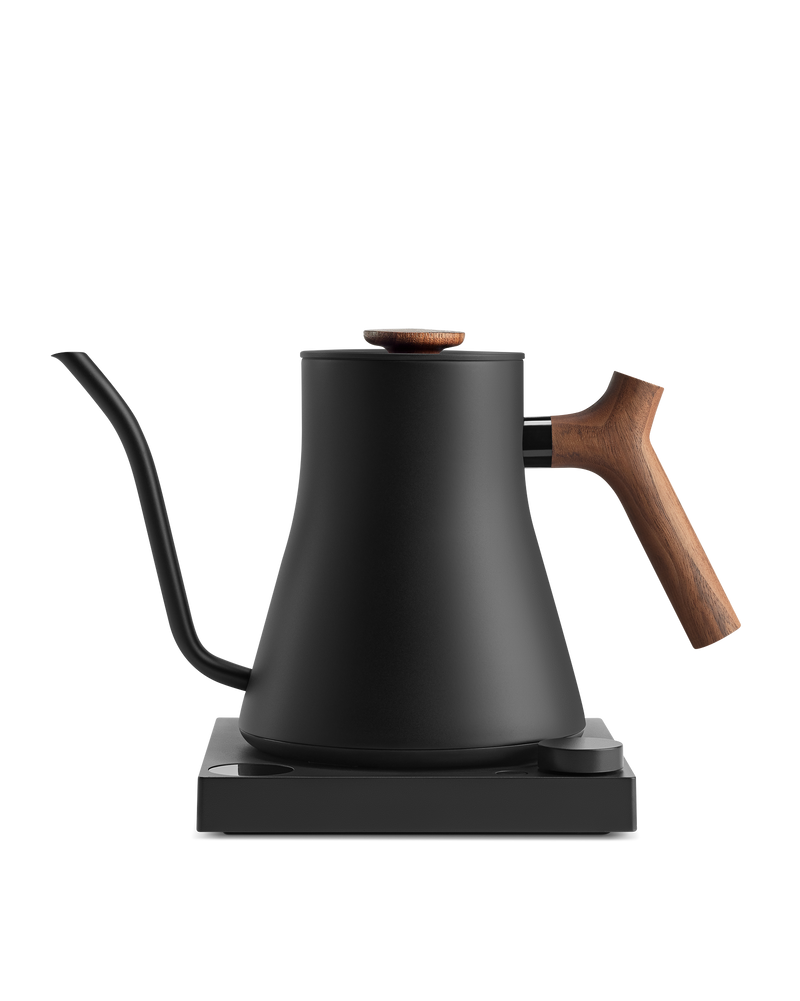 Refurbished Fellow Rebrew Stagg EKG Pro Electric Kettle with wooden handle, white background.