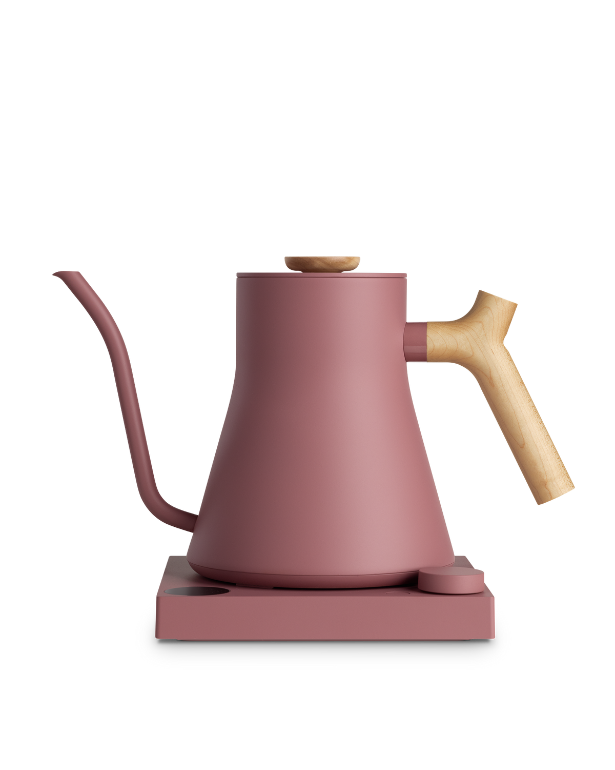 Fellow Stagg EKG Electric Kettle in pink, quick heat, wooden handle, and matching base.