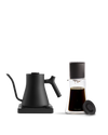 Fellow The Signature Brew Kit: black electric kettle & glass coffee set on white background.