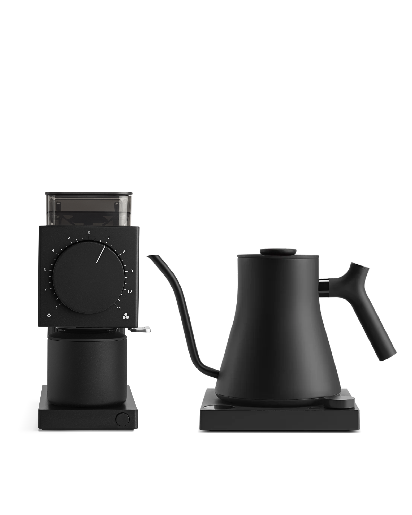 Fellow's The Electric Kit: sleek black kettle and grinder for home baristas, white background.