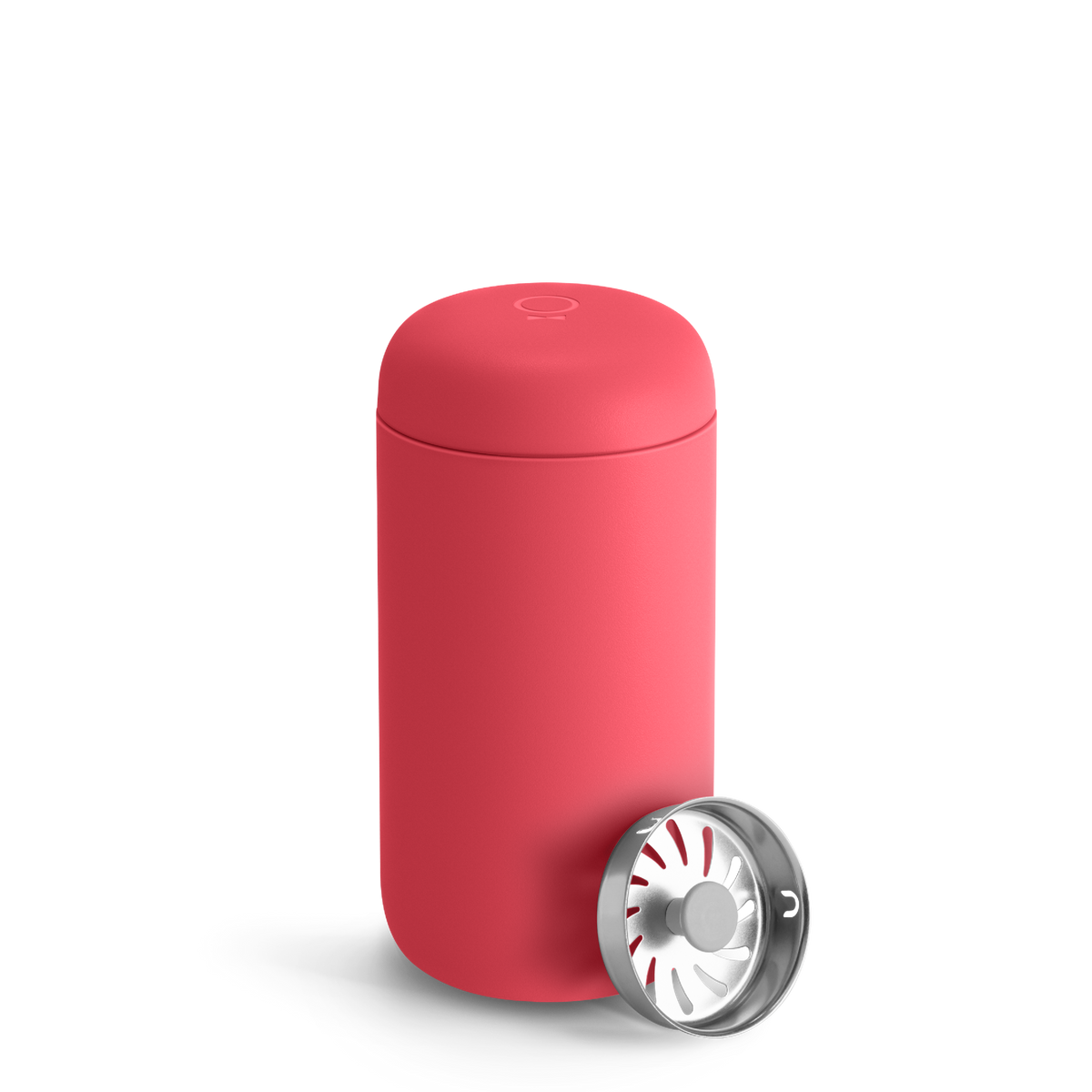 A Fellow Choose Your Carter tumbler in Coral Crush with a metal lid sits on a white background.