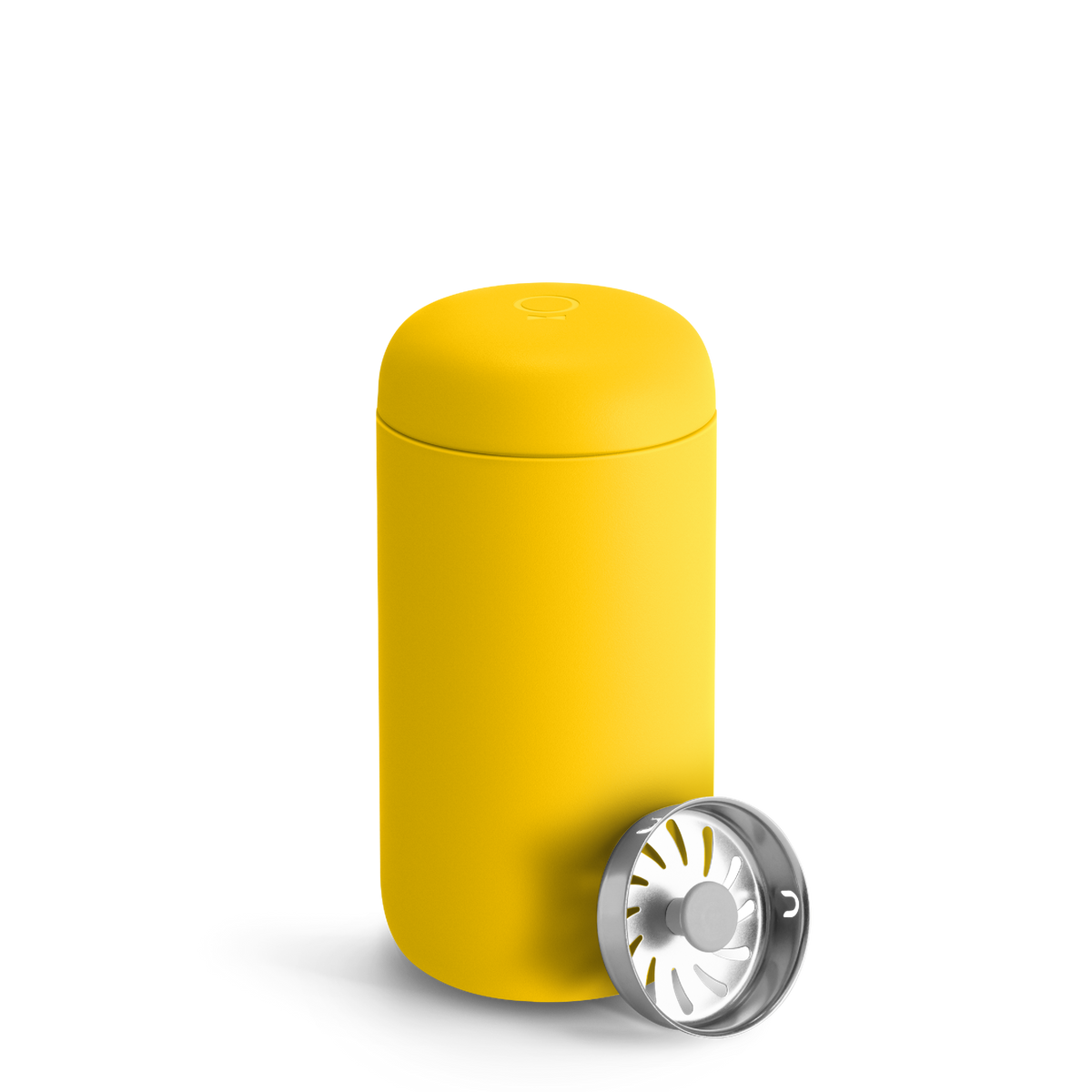 A Fellow Carter Move Mug in Lemon Zest with insulation and removable silver strainer lid.