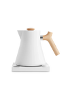 Fellow Rebrew Corvo EKG electric kettle, white with wood handle, variable temp control.