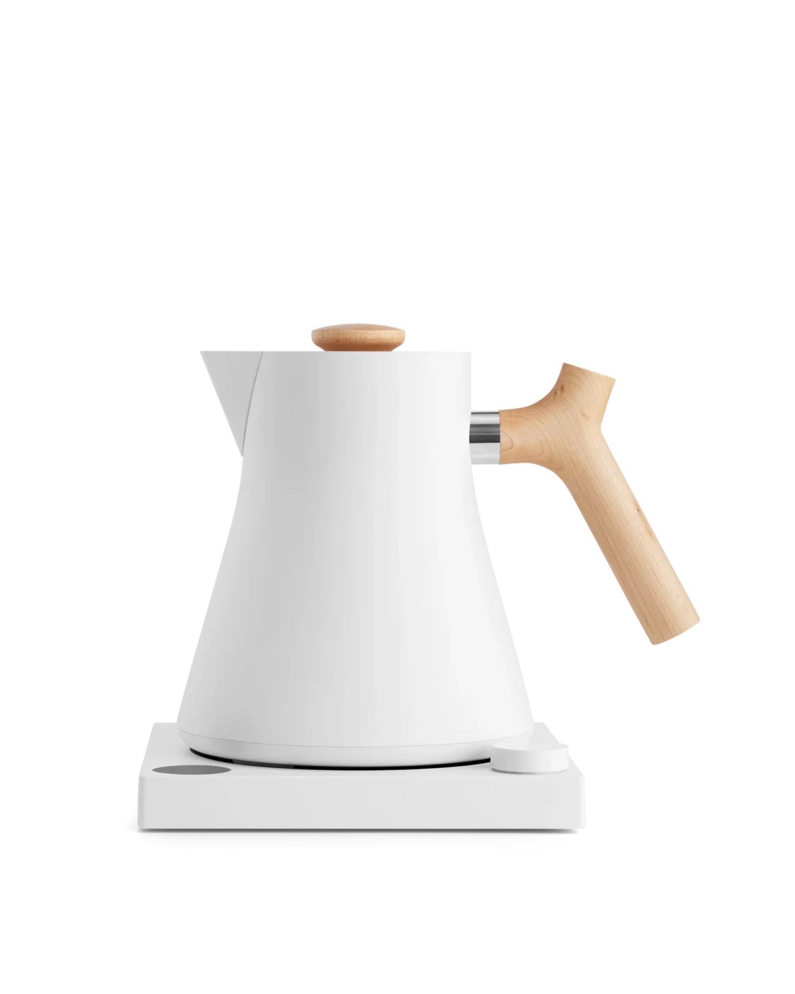Fellow Rebrew Corvo EKG electric kettle, white with wood handle, variable temp control.