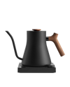 Fellow Rebrew Stagg EKG Pro electric kettle, matte black, with wooden handle and gooseneck spout.