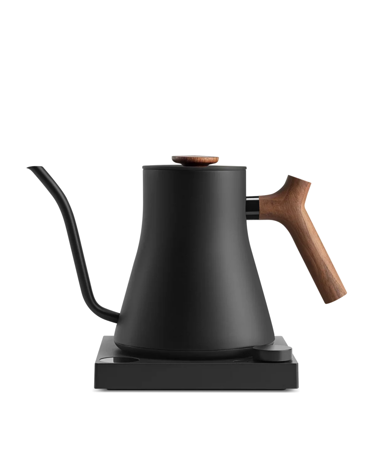 Fellow Rebrew Stagg EKG Pro electric kettle, matte black, with wooden handle and gooseneck spout.