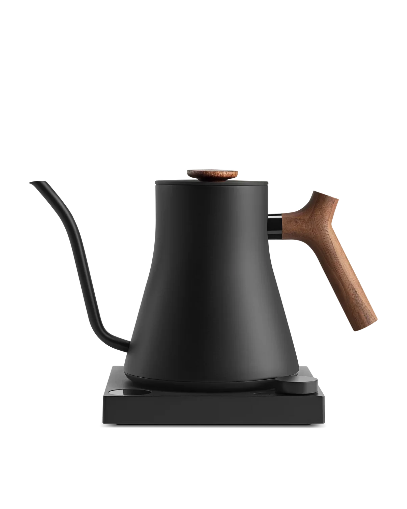 Fellow Rebrew Stagg EKG Pro electric kettle, matte black, with wooden handle and gooseneck spout.