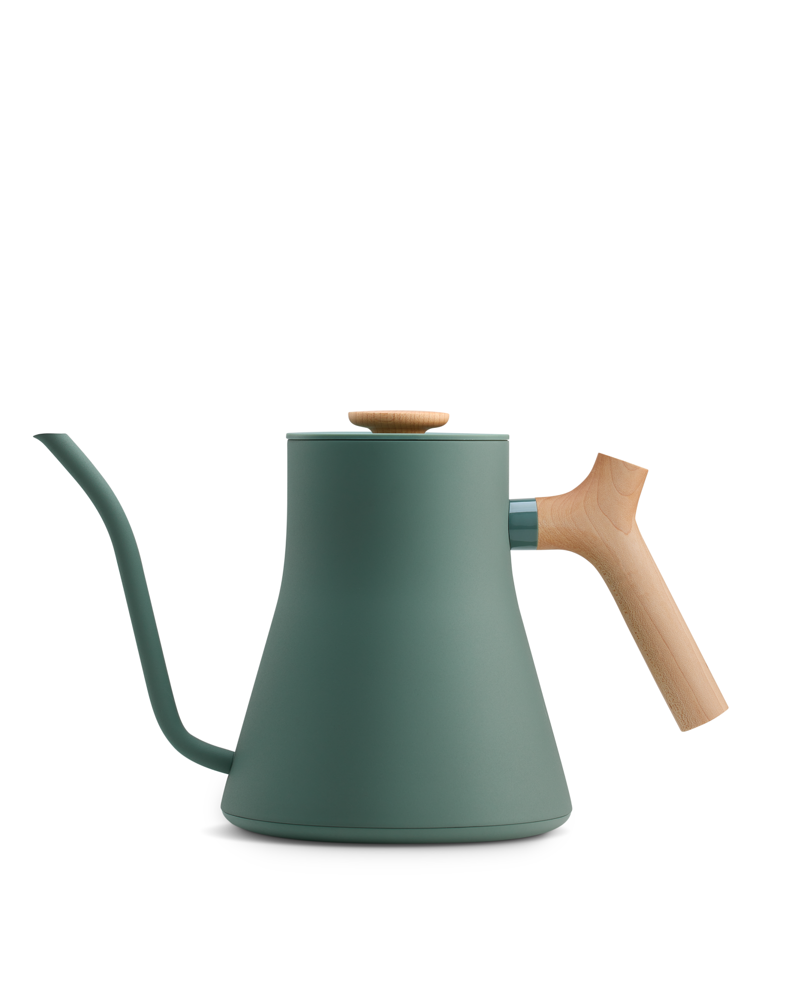 Fellow Stagg EKG Electric Kettle body in Smoke Green + Maple, on a white background.