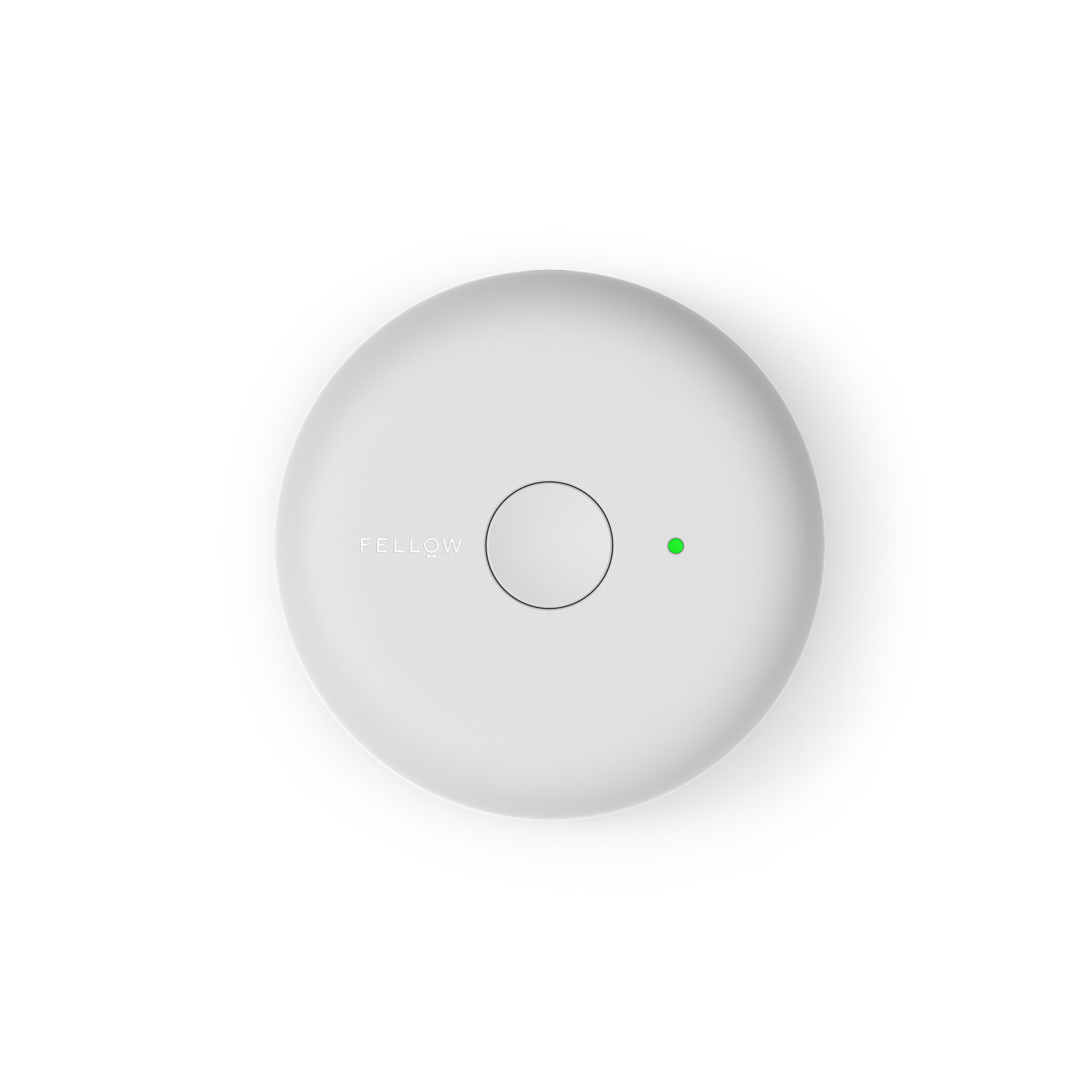 Matte white Atmos Lid by Fellow with center button and small green light indicator.