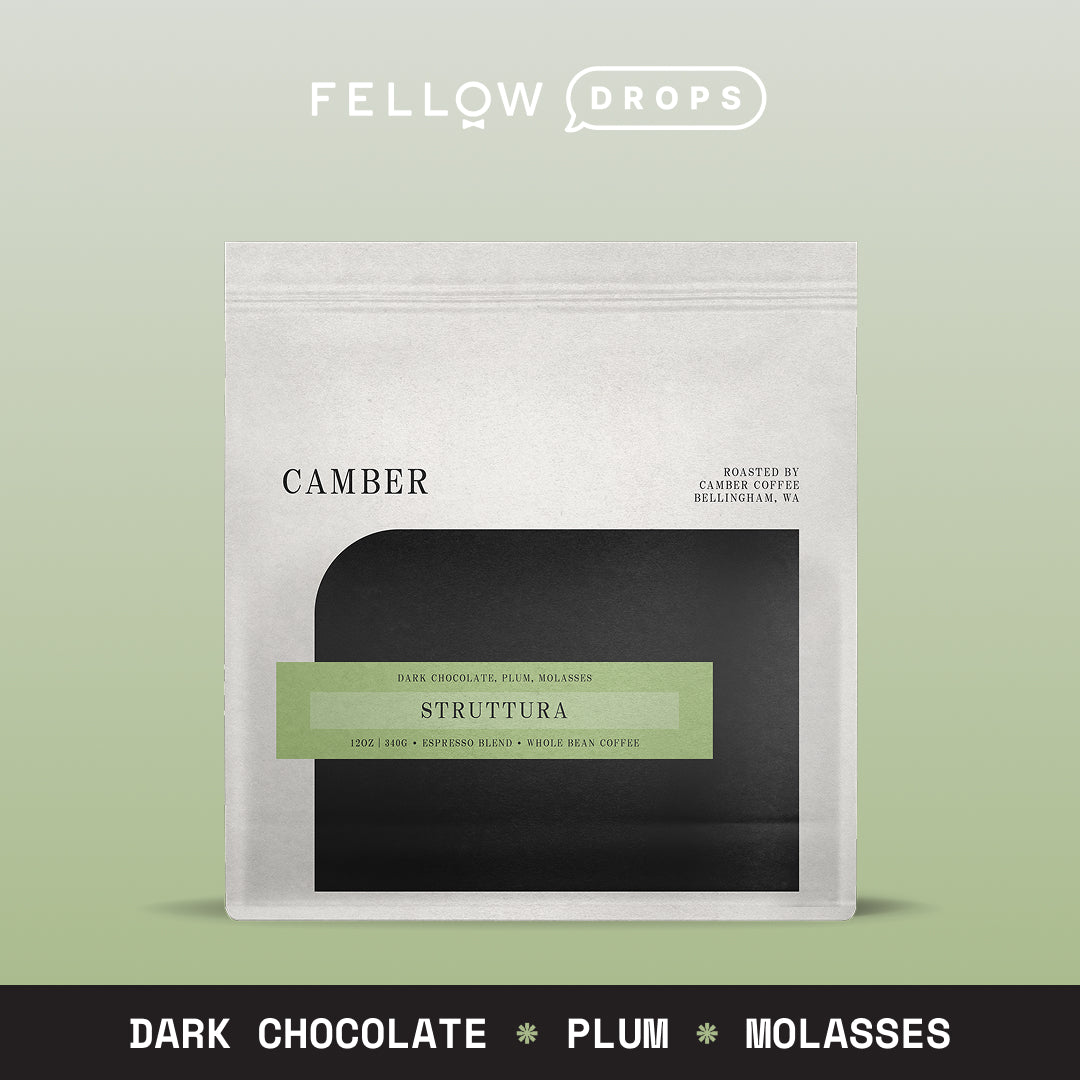 A medium dark roast CC Struttura coffee with notes of dark chocolate, plum, and molasses.