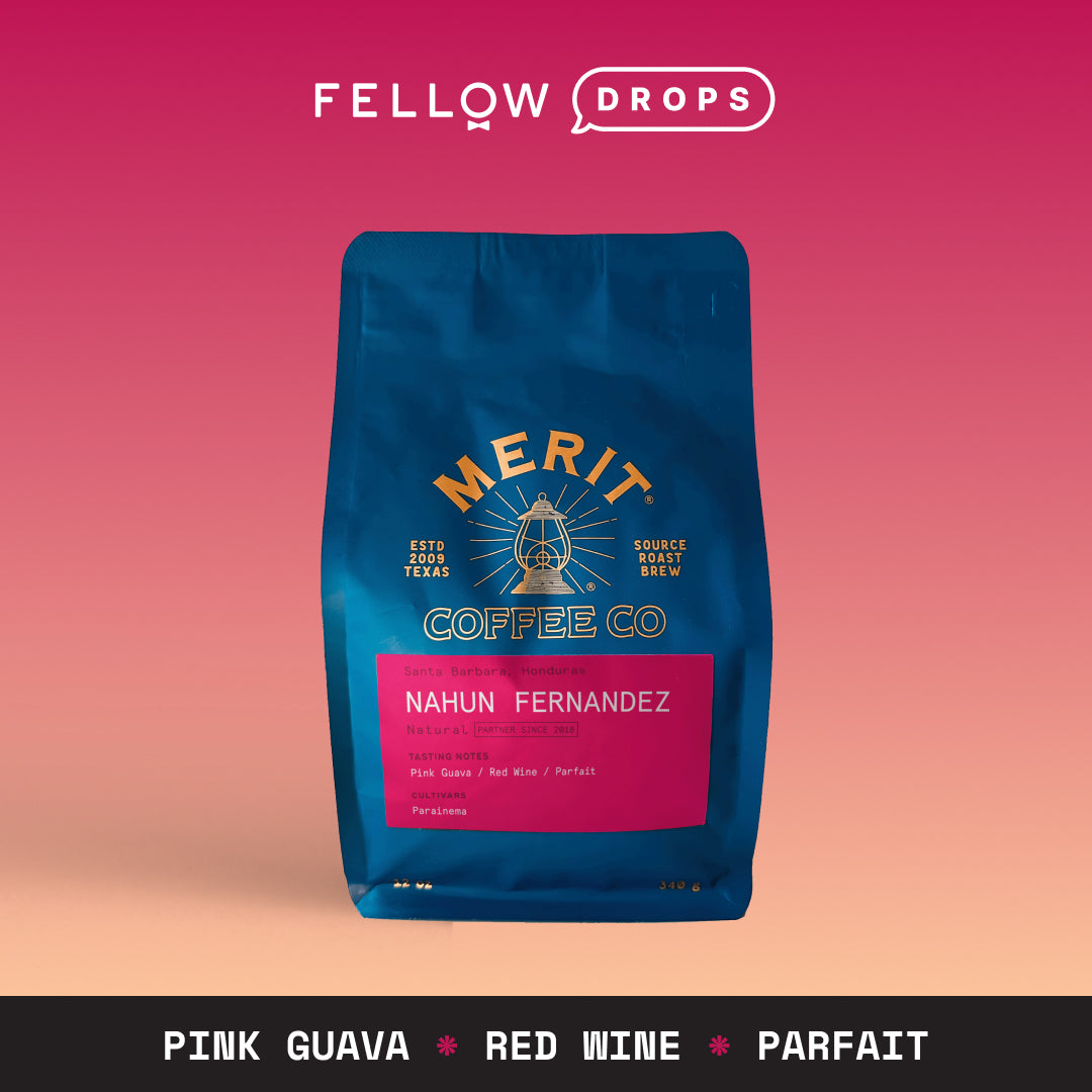 A blue Merit Coffee bag of Honduras Nahun Fernandez on a pink gradient background.
