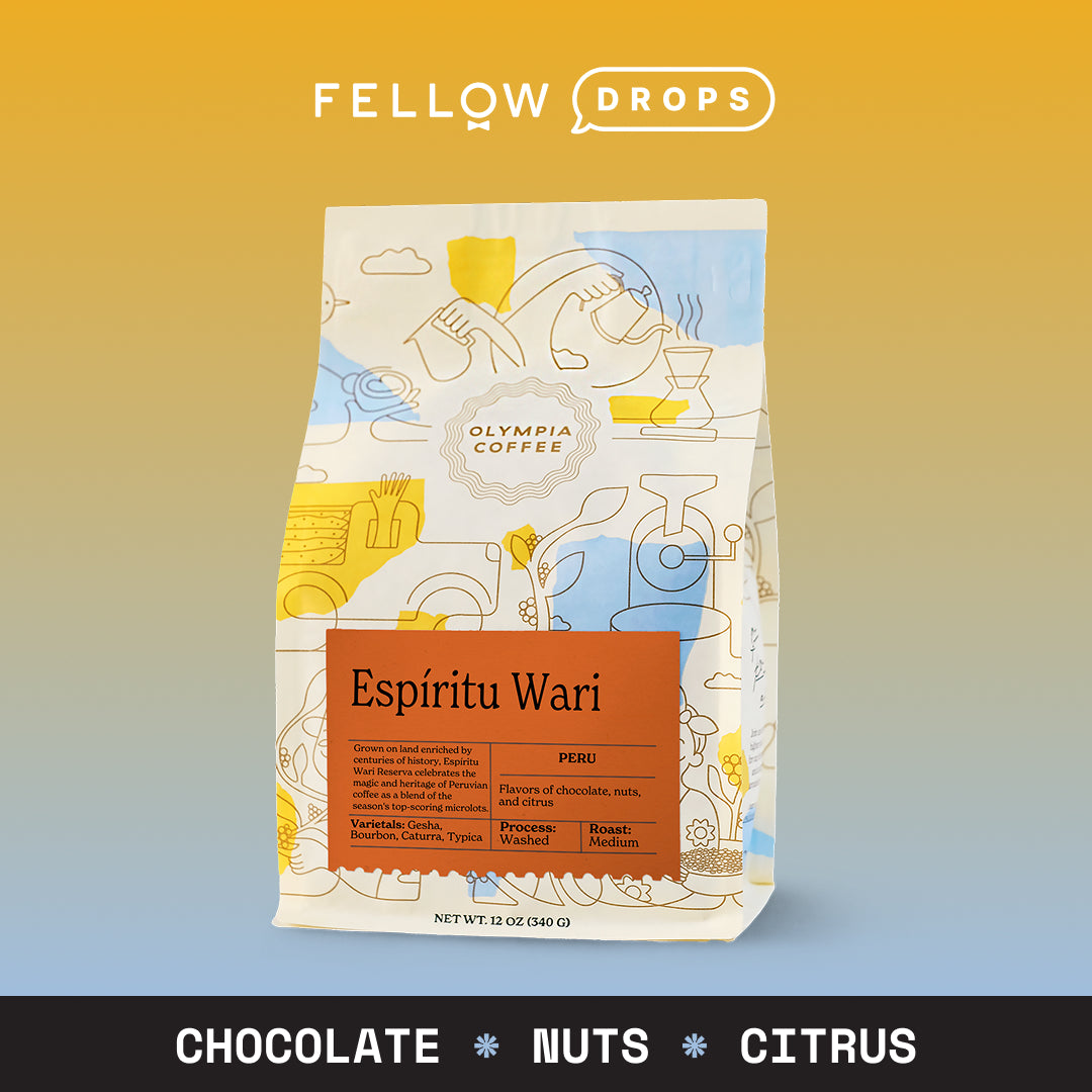 A bag of Peru Espiritu Wari by Olympia Coffee Roasting Co. with chocolate, nut, and citrus notes.