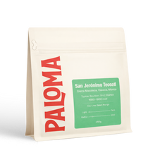 Cream coffee bag labeled Paloma for Paloma Craft Coffee, featuring San Jerònimo Tecoatl coffee.