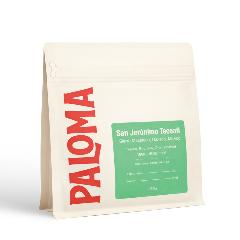 Cream coffee bag labeled Paloma for Paloma Craft Coffee, featuring San Jerònimo Tecoatl coffee.