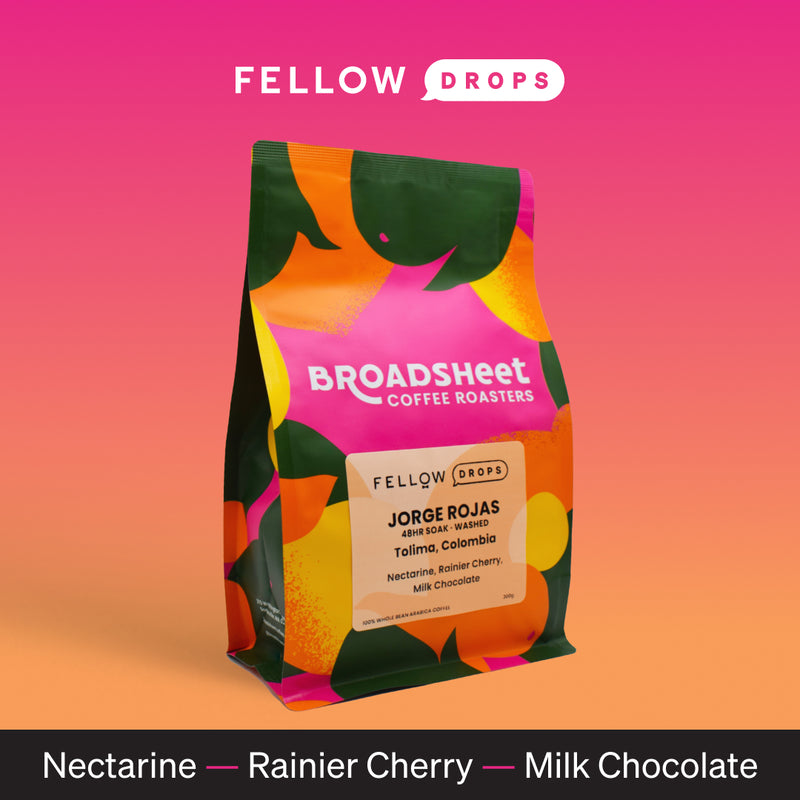 A colorful bag of Broadsheet's Jorge Rojas La Roca Colombian coffee with fruit flavor notes.