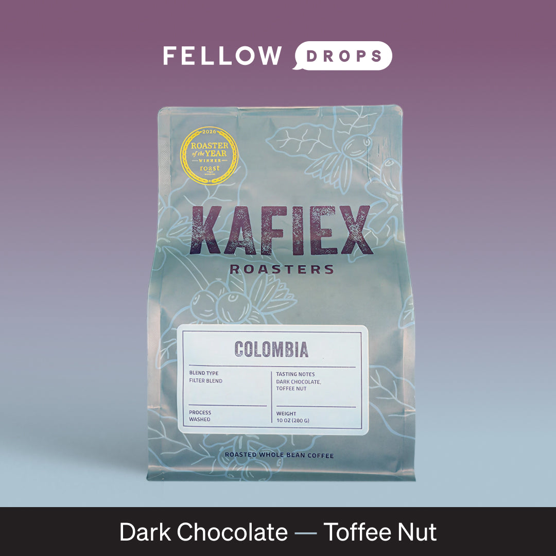 Kafiex Roasters Colombia: single origin coffee with dark chocolate and toffee nut flavors.