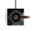 Top view of a black coffee kettle with wooden handle on a digital base displaying 200°F.