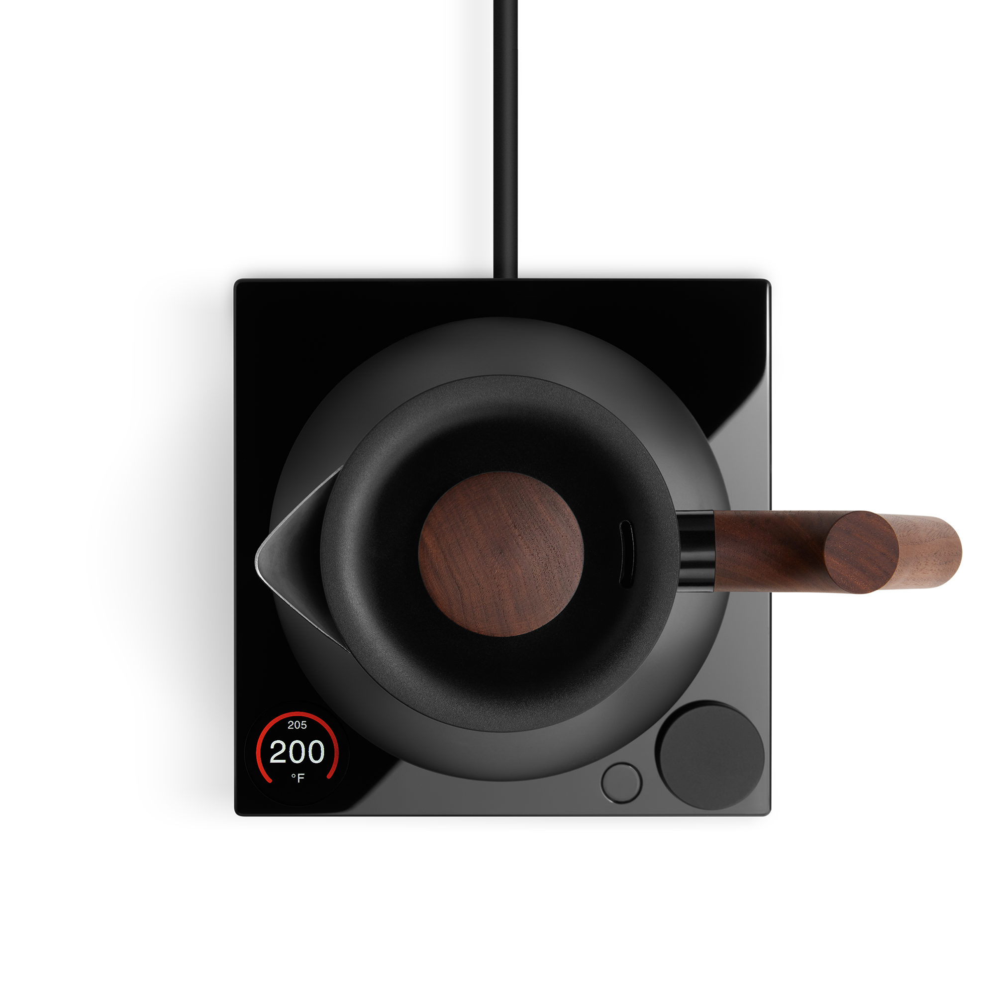 Top view of a black coffee kettle with wooden handle on a digital base displaying 200°F.