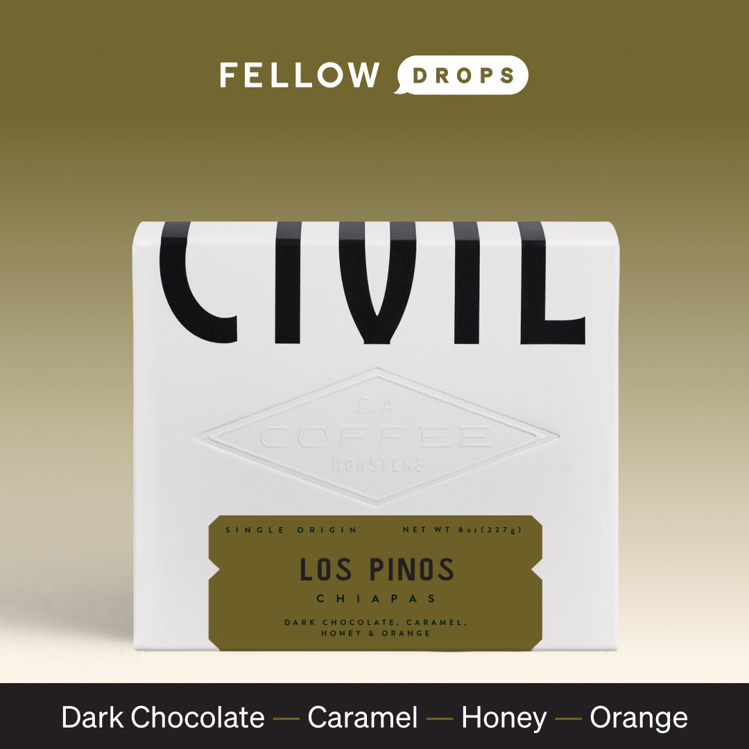 White coffee bag labeled Los Pinos Bourbon by Civil Coffee Store, with chocolate, caramel, honey, orange notes.