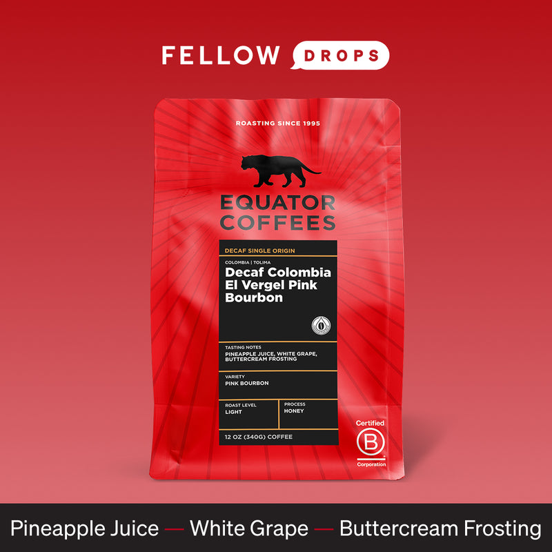 Decaf Colombia El Vergel Pink Bourbon by Equator Coffees in a red bag on a red background.