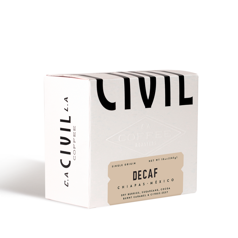 A box of Civil Coffee Store La Angostura Decaf coffee from Chiapas, México.