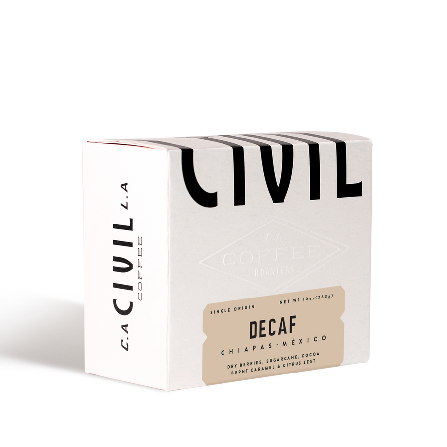 A box of Civil Coffee Store La Angostura Decaf coffee from Chiapas, México. - media
