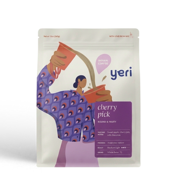 Coffee bag with woman pouring Yeri Coffee’s Cherry Pick from Ratnagiri Estate.