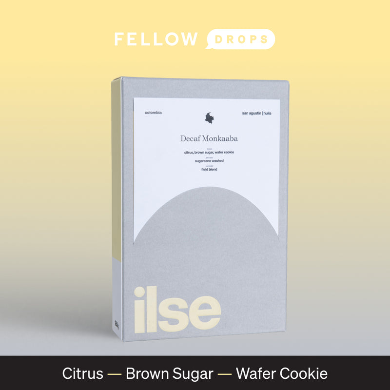 A gray Decaf Monkaaba box by ILSE Coffee with notes of citrus, brown sugar, wafer cookie.