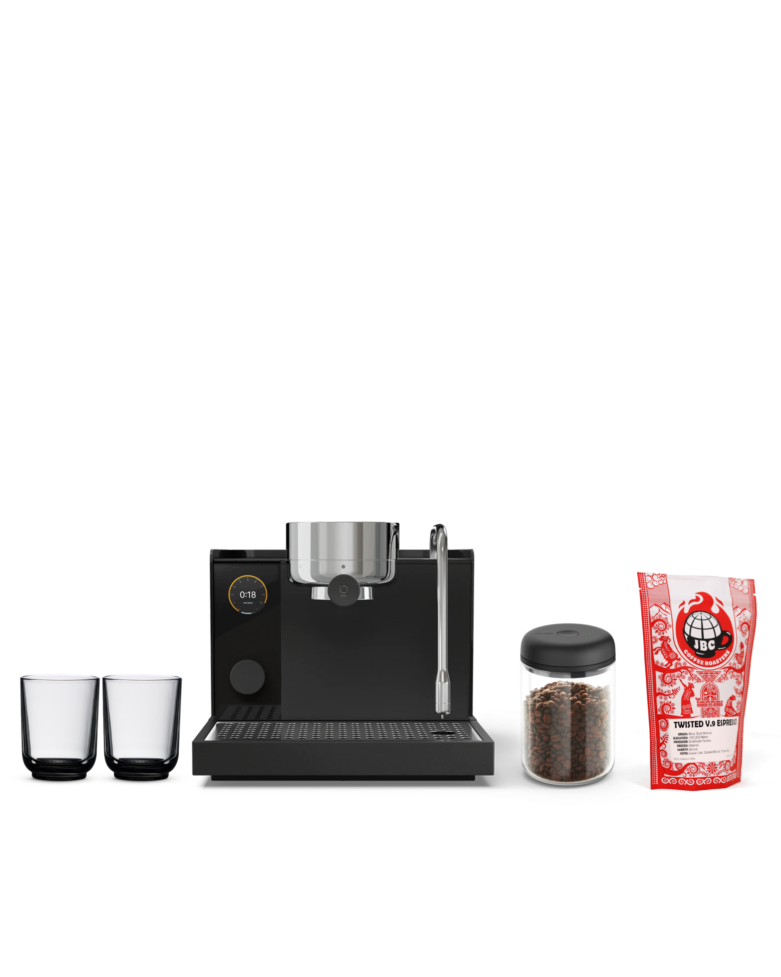 Fellow Father's Day Bundle: black espresso machine, two cups, coffee beans, espresso blend.