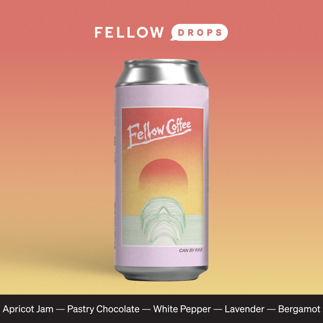 A can of Fellow Arcadia coffee with a sunset design; People Possession Drop flavor notes below.