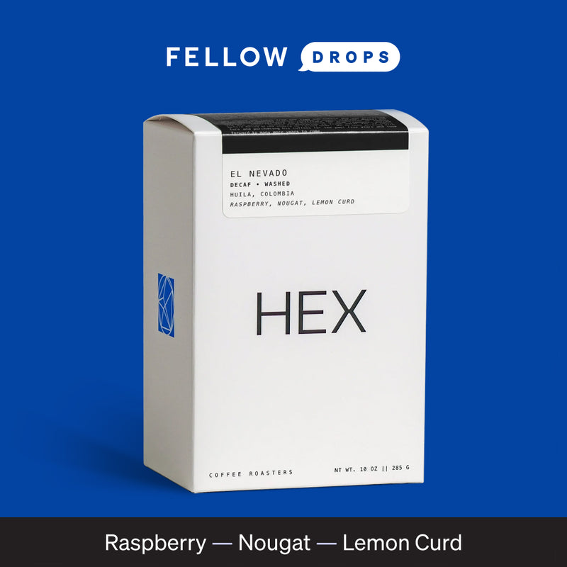 HEX Coffee Roasters El Nevado Decaf box: Raspberry—Nougat—Lemon Curd. Sugarcane EA process.