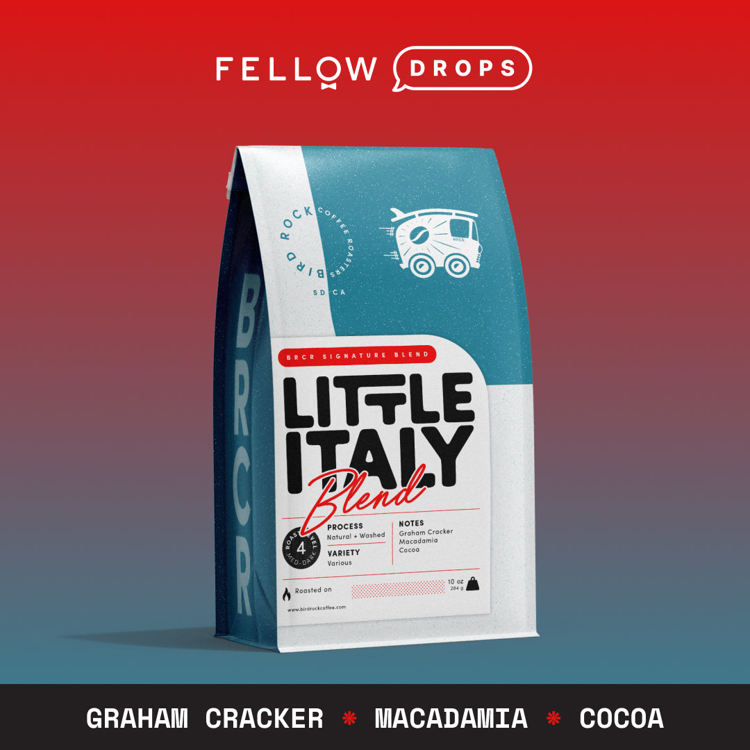 A bag of Bird Rock Coffee Roasters Little Italy Blend on a red and blue gradient background.