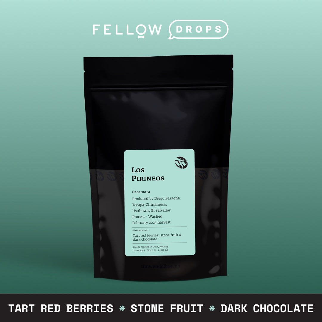 A black coffee bag with a mint label, Tim Wendelboe Los Pirineos Pacamara light roast.