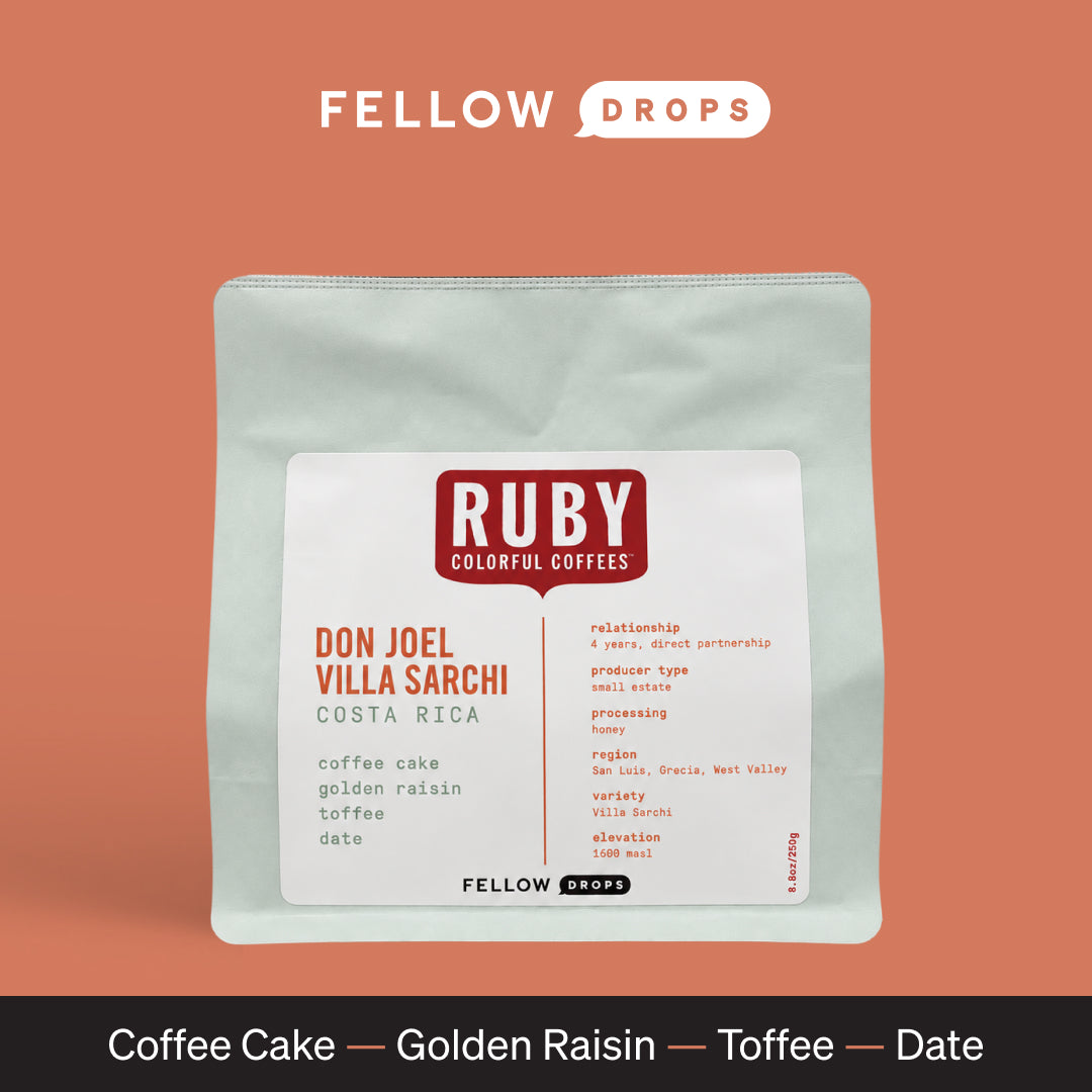Bag of honey processed Costa Rica Don Joel Villa Sarchi coffee beans with origin and tasting notes.