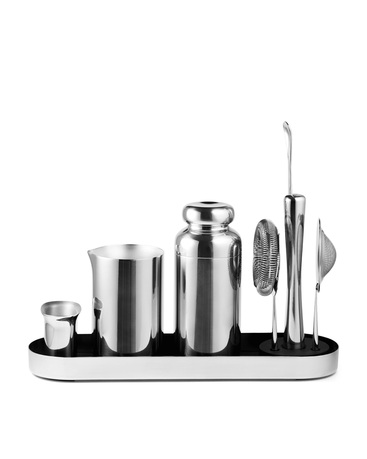 A stainless steel Fellow Mixology Set on an oval tray.