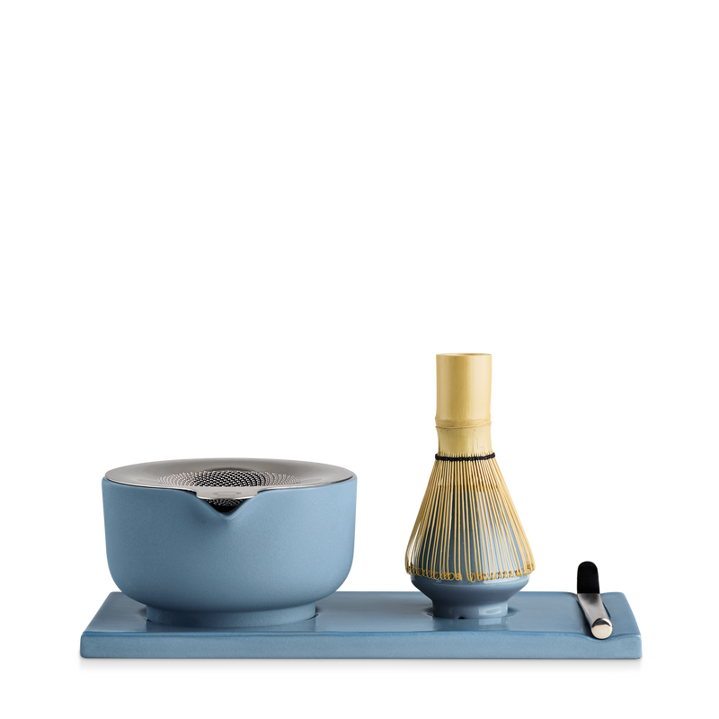 Fellow Matcha Set in Hazy Blue: bowl, whisk, scoop, strainer, and matching tray included.