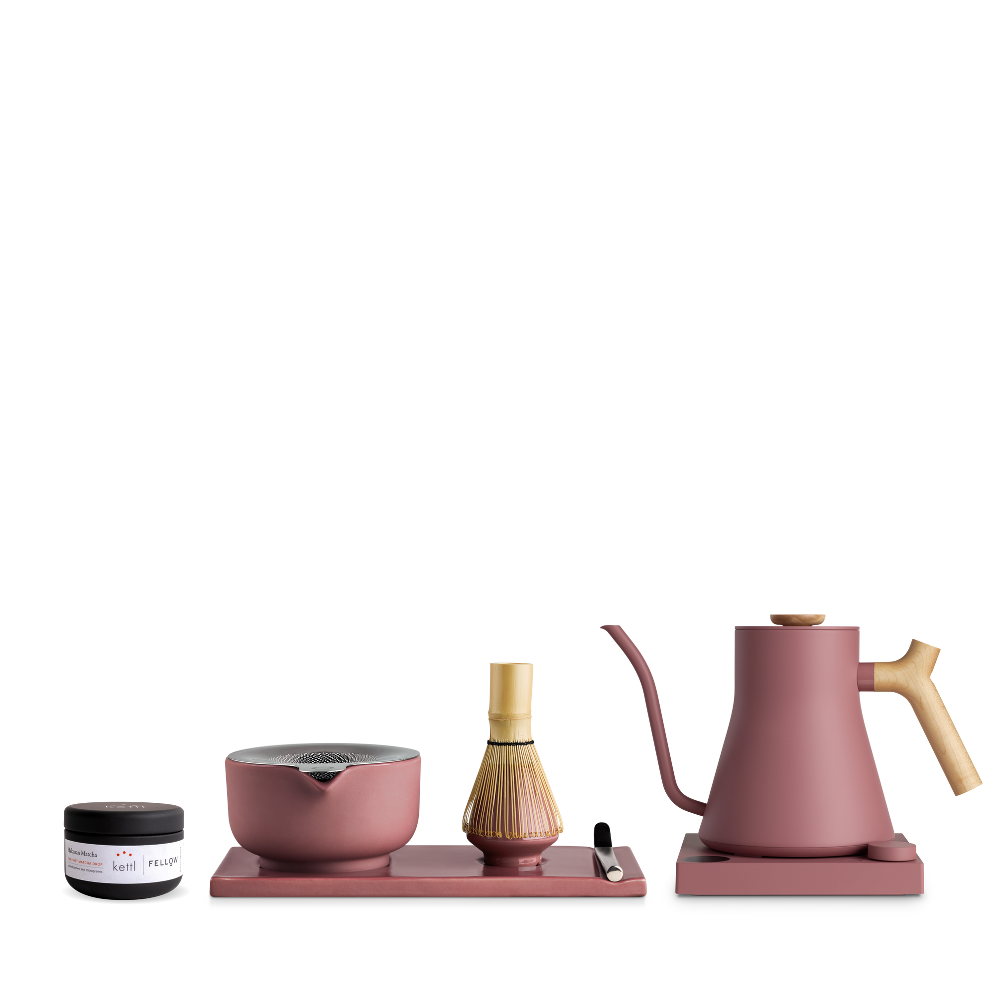The Kettle + Matcha Kit by Fellow: pink kettle, whisk, bowl, scoop, tea tin, and tray.