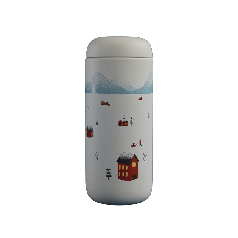 The Fellow Holiday Scene Carter in matte white is a stylish travel mug and perfect holiday gift.