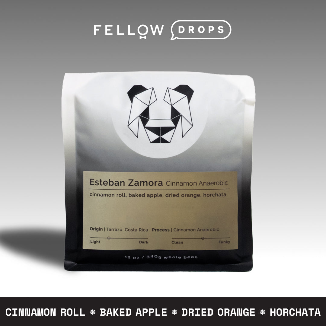 A bag of Esteban Zamora Cinnamon Anaerobic by Black & White, notes of cinnamon roll, apple, orange.