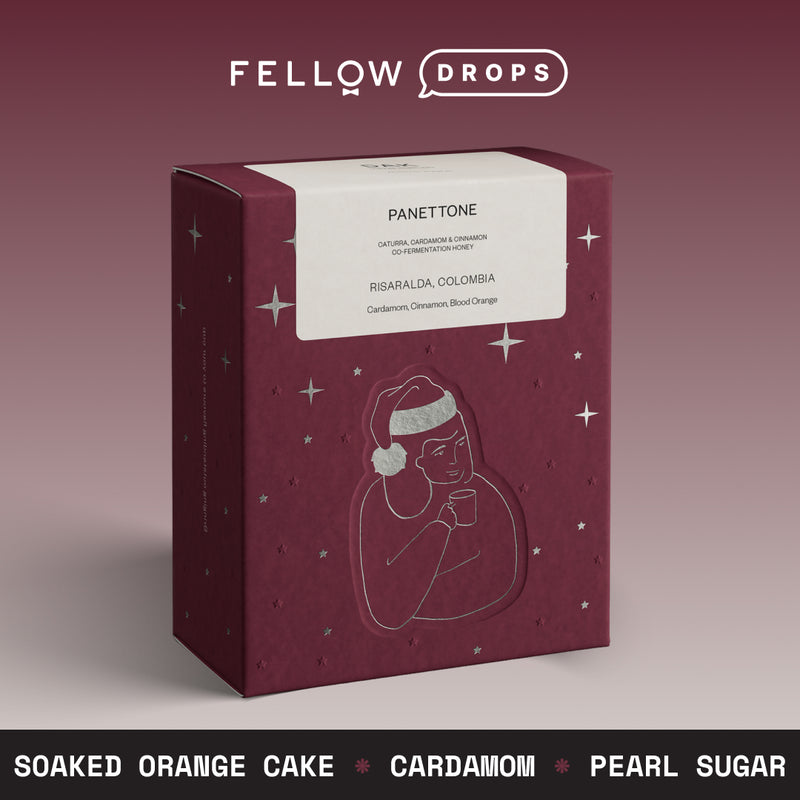 Burgundy Fellow box of Panettone coffee with festive design and white front label.