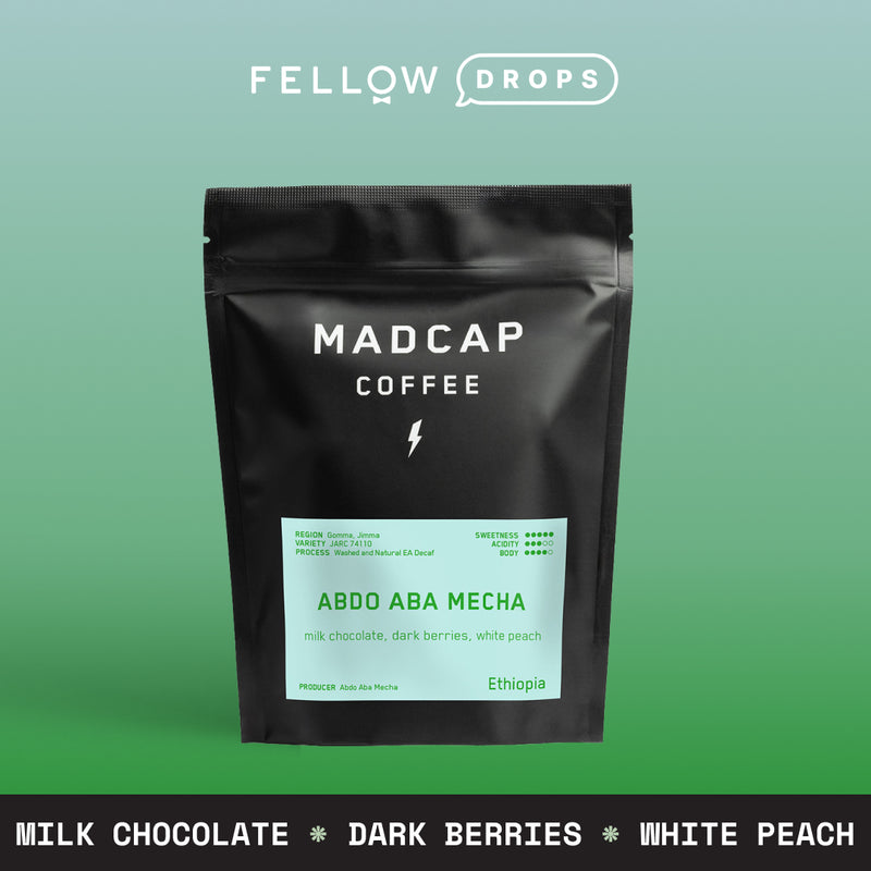 Madcap Coffee’s Abdo Aba Mecha Decaf bag featuring washed Gomma Woreda coffee.