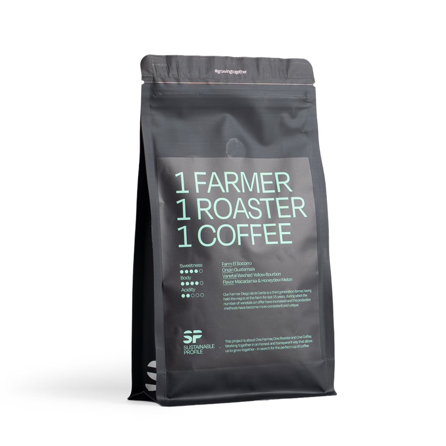 Black coffee bag labeled April Coffee Roasters Guatemala El Socorro, washed coffee info. - media