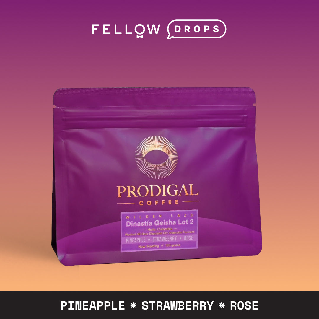 A purple Dinastía Gesha Lot 2 bag by Prodigal Coffee with notes of pineapple, strawberry, and rose.