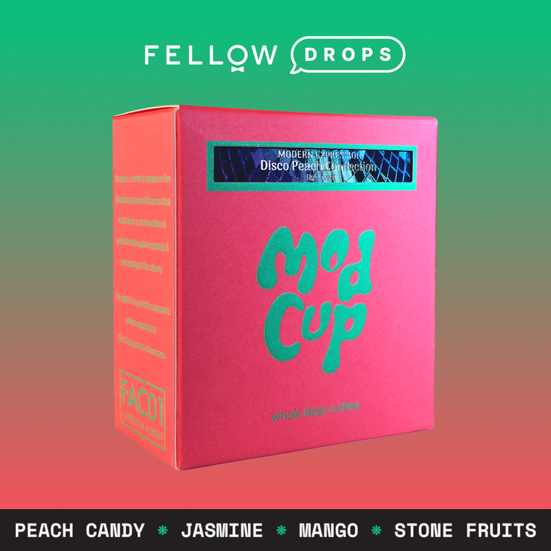 Bright pink modcup coffee box: Disco Peach Connection, light roast with peach, jasmine & stone fruits.
