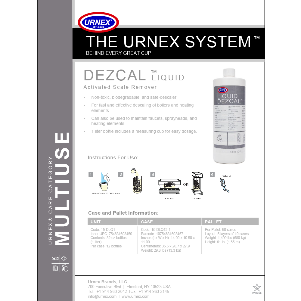 Pasquini Dezcal Liquid Descaler bottle and info sheet, gray/white.