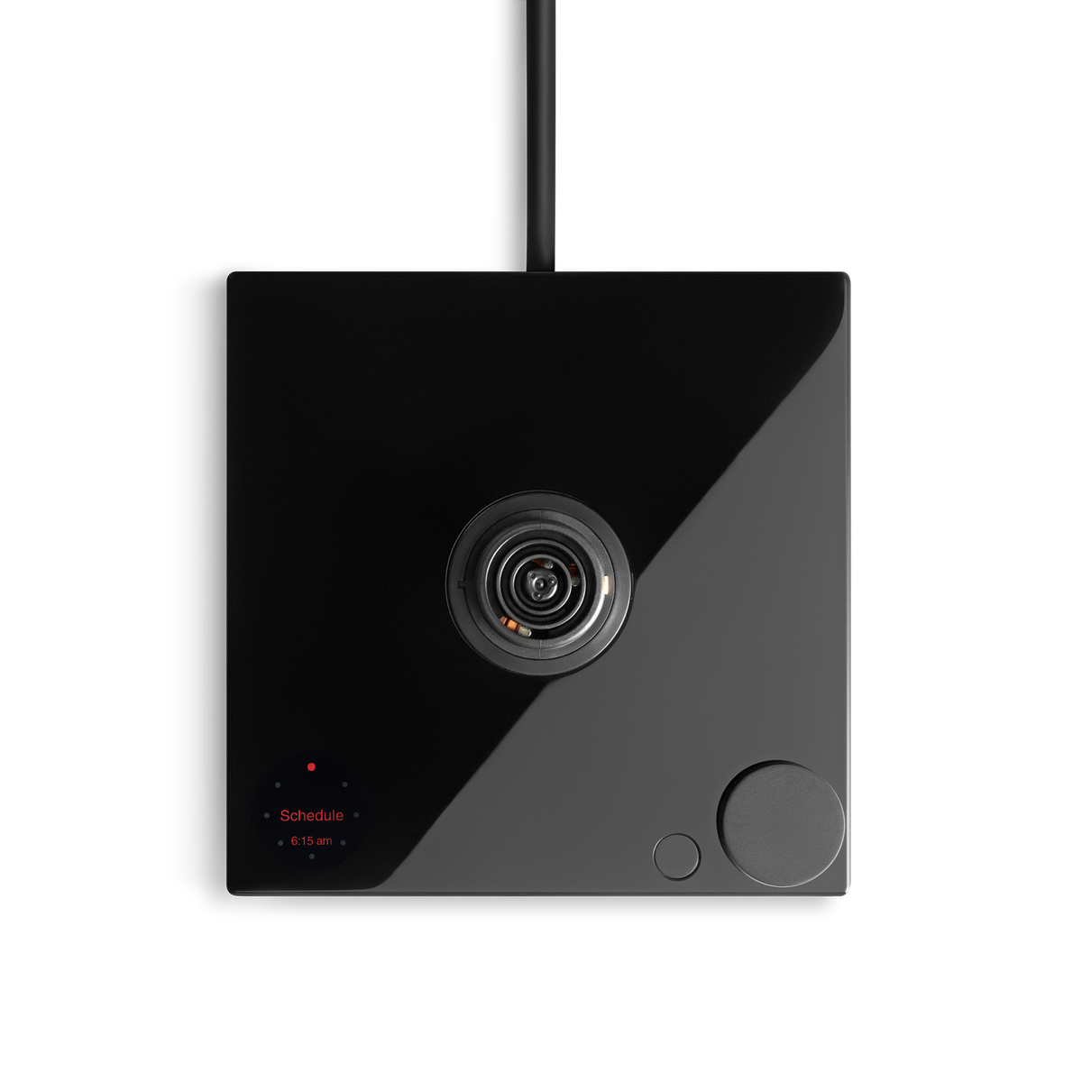 A black, square security camera with a design fit for any home barista’s coffee nook.