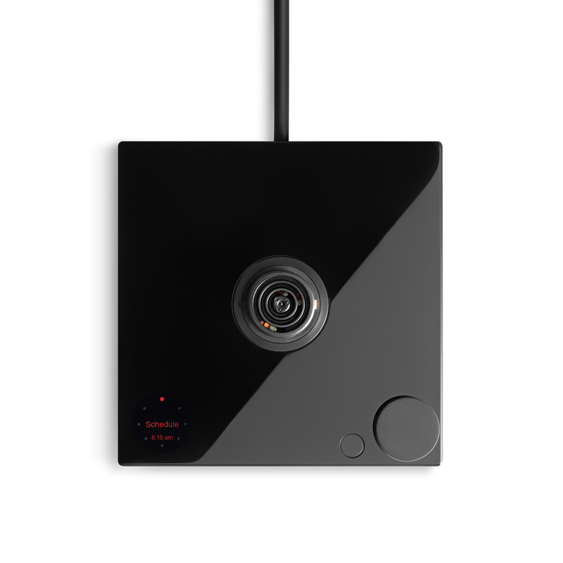A black, square security camera with a design fit for any home barista’s coffee nook.