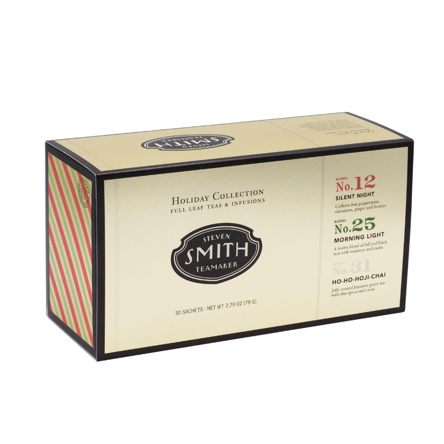 Smith Teamaker Wholesale Holiday Tea Assortment box with biodegradable sachets and festive stripes. - media