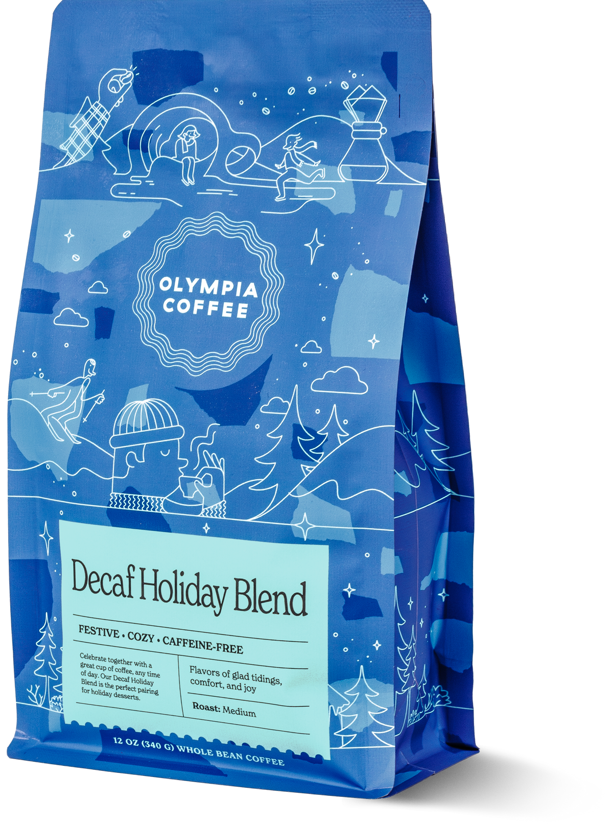 Olympia Decaf Holiday Blend coffee bag with white winter illustrations and a light blue label.